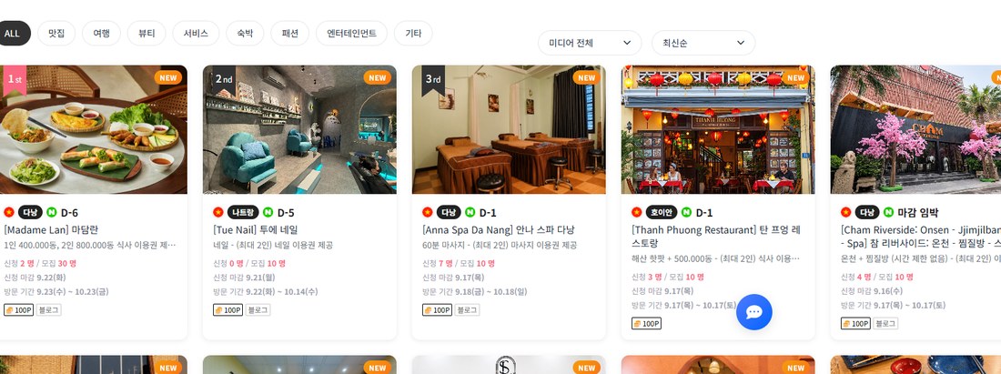 여행 체험단 목록 화면. 카드마다 지역, 남은 기간, 제공 내역, 신청 인원과 모집 인원, 미디어가 함께 표시된다